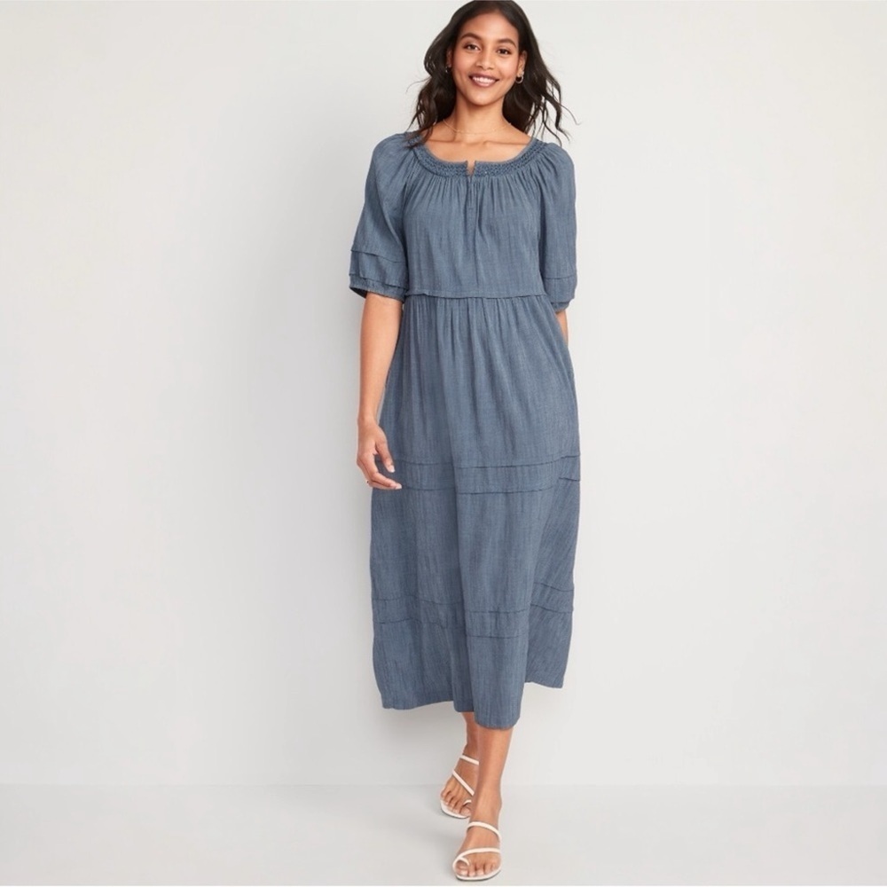 NWT Old Navy Puff-Sleeve Chambray Smocked Midi Swing Dress - Picture 3 of 8